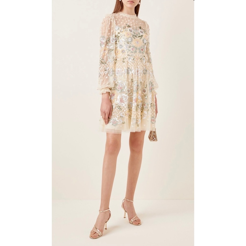 Needle & Thread Rosalie Floral Sequin Mini Dress Pastel Embroidery Long Sleeve 8